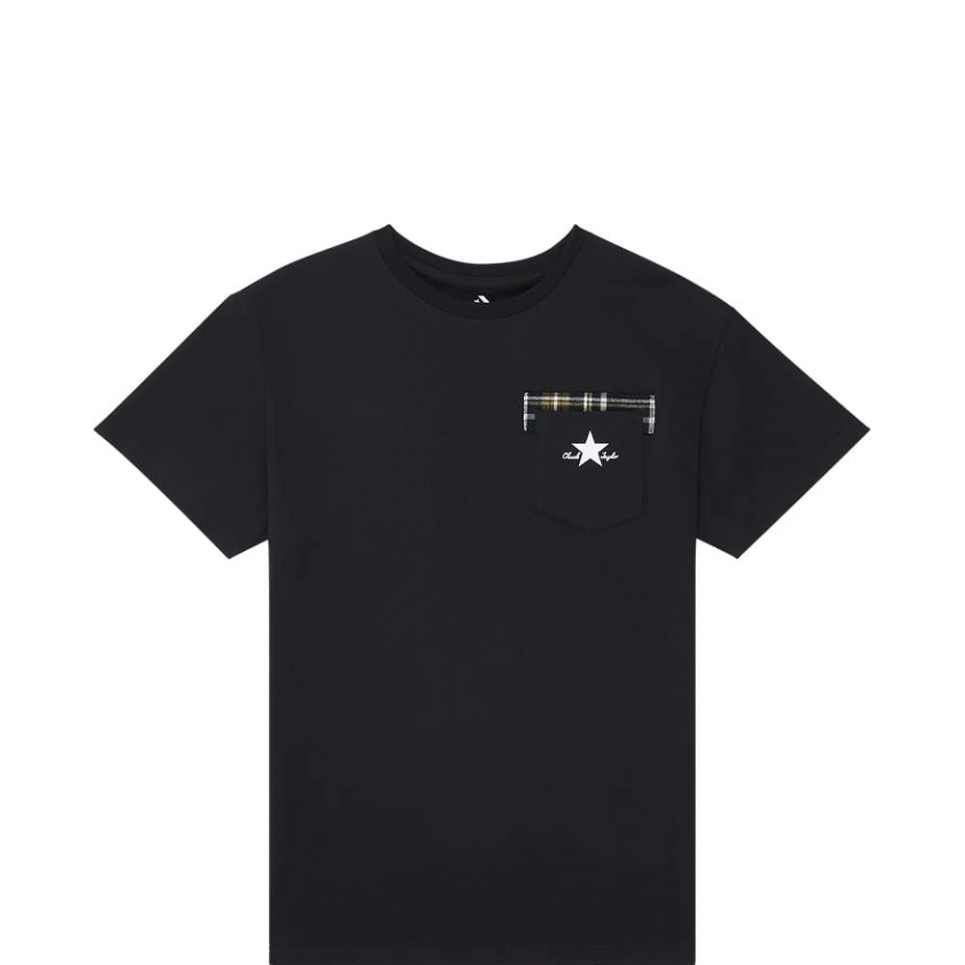 CONVERSE WOMENS PLAID POCKET RELAXED TEE-L-black